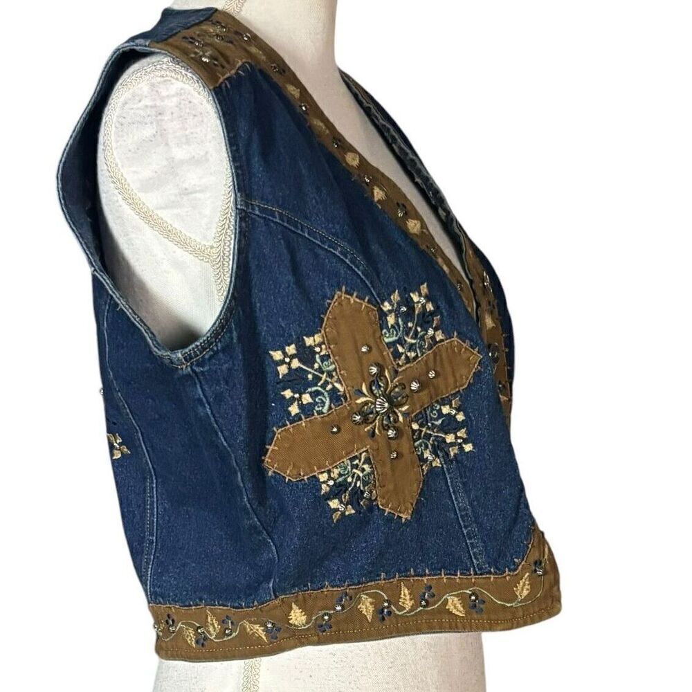 Studded Western Sleeveless Cropped Vest Size Medium Cross Blue Boho Festival - Picture 6 of 13